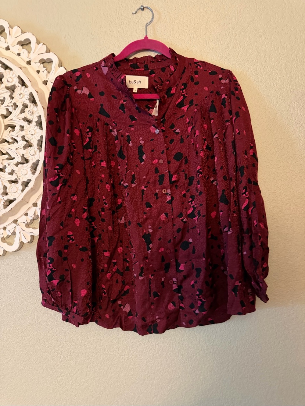 ba&sh Burgundy Printed Button-Front Blouse with Pink and Black Accents